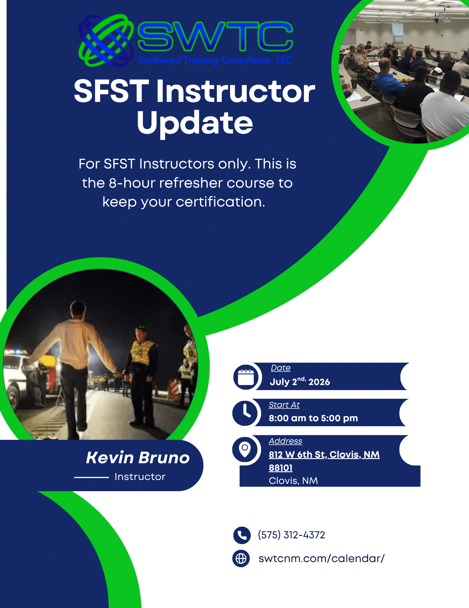 Banner for SFST Instructor Update with SWTC logo, large white title, circular photo collages, and curved green accents.