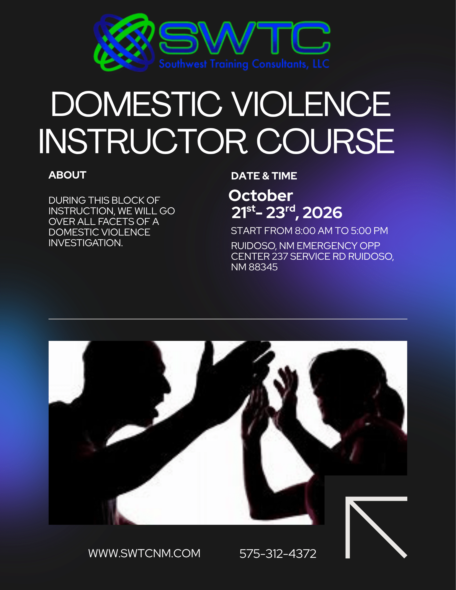 Promotional poster for a Domestic Violence Instructor Course by SWTC, featuring large white title text and a silhouette of people high-fiving.