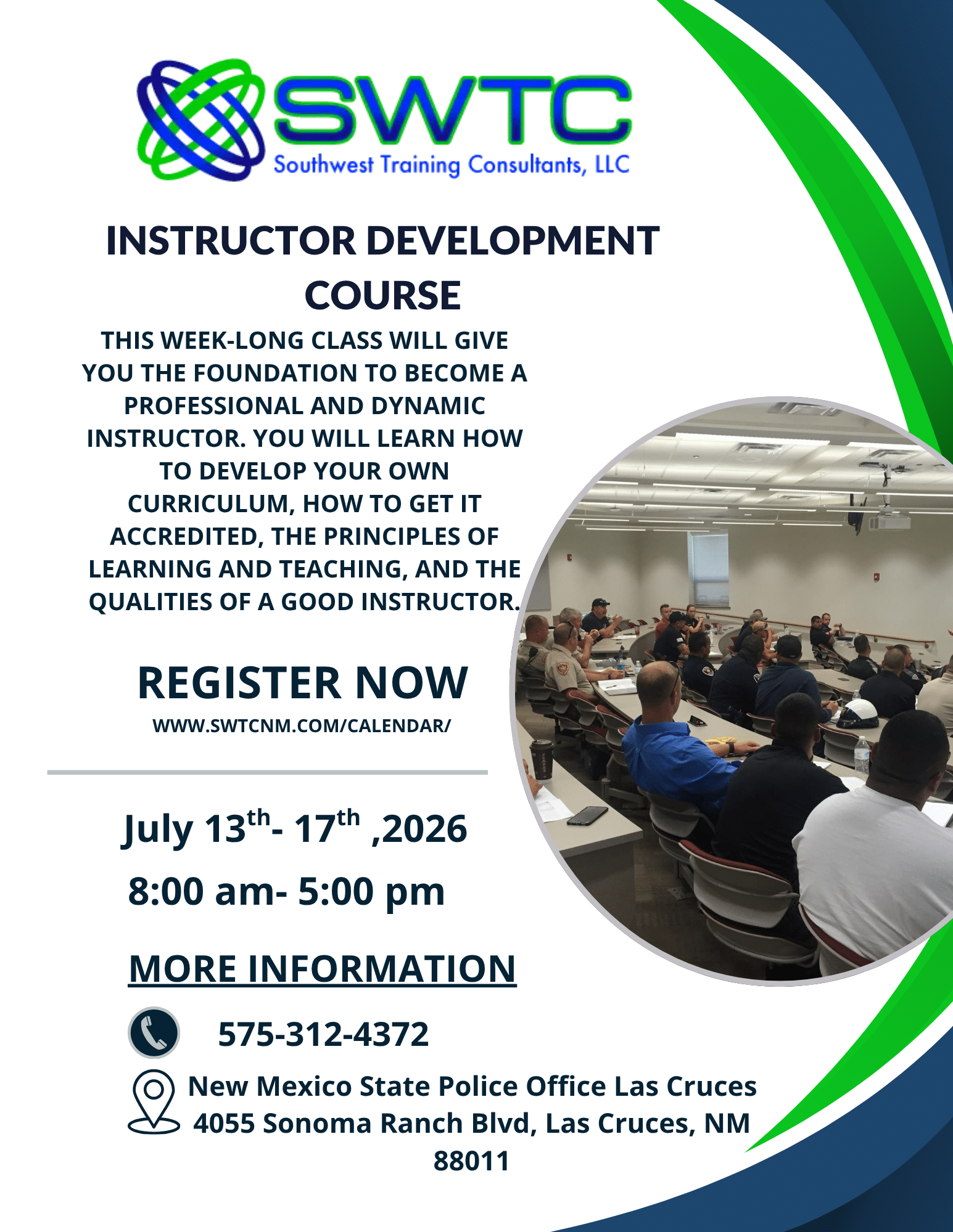 Poster for SWTC's Instructor Development Course with a circular photo of a training room and conference attendees; dates July 13–17, 2026 in Las Cruces, NM.