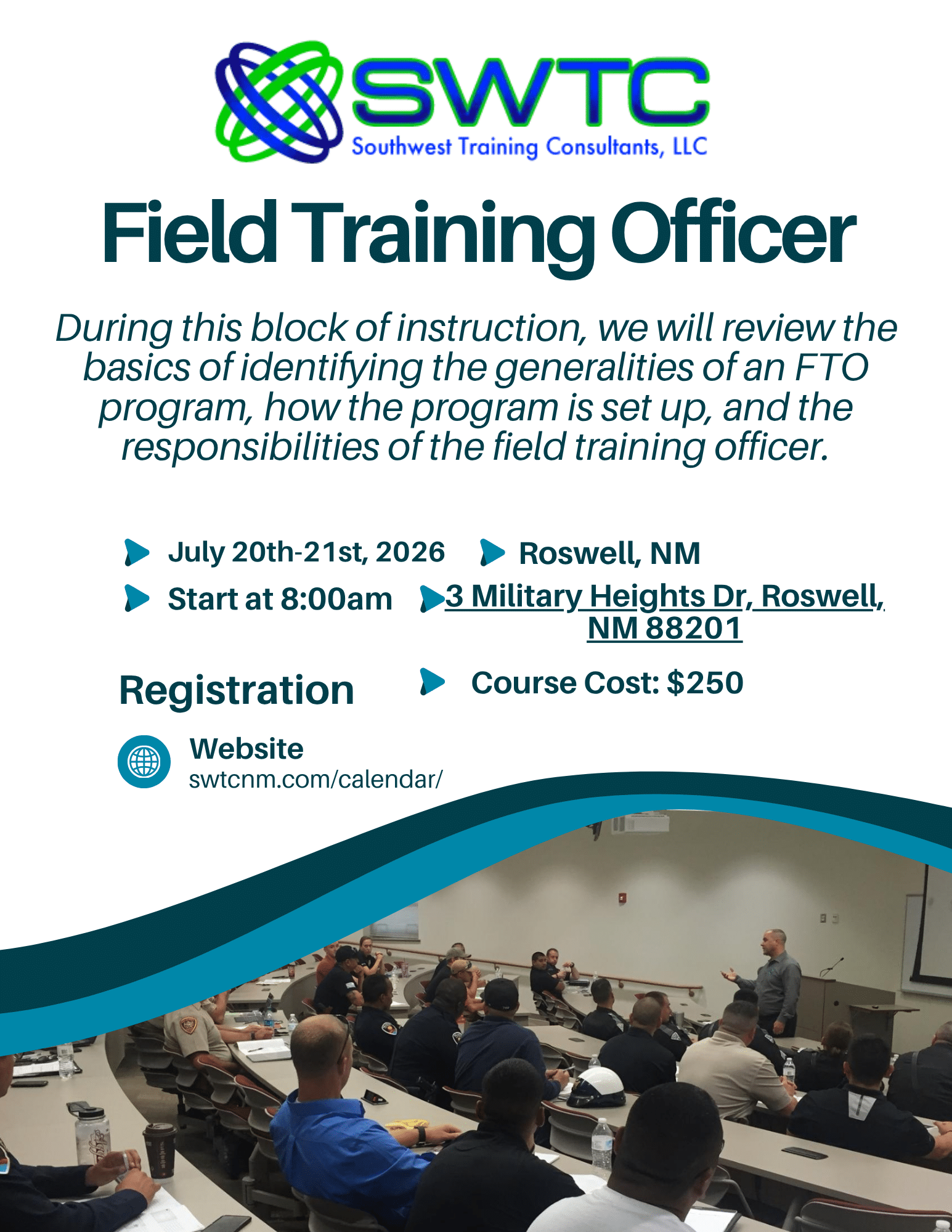 Flyer for SWTC Field Training Officer program with logo, description, and a classroom photo of attendees.