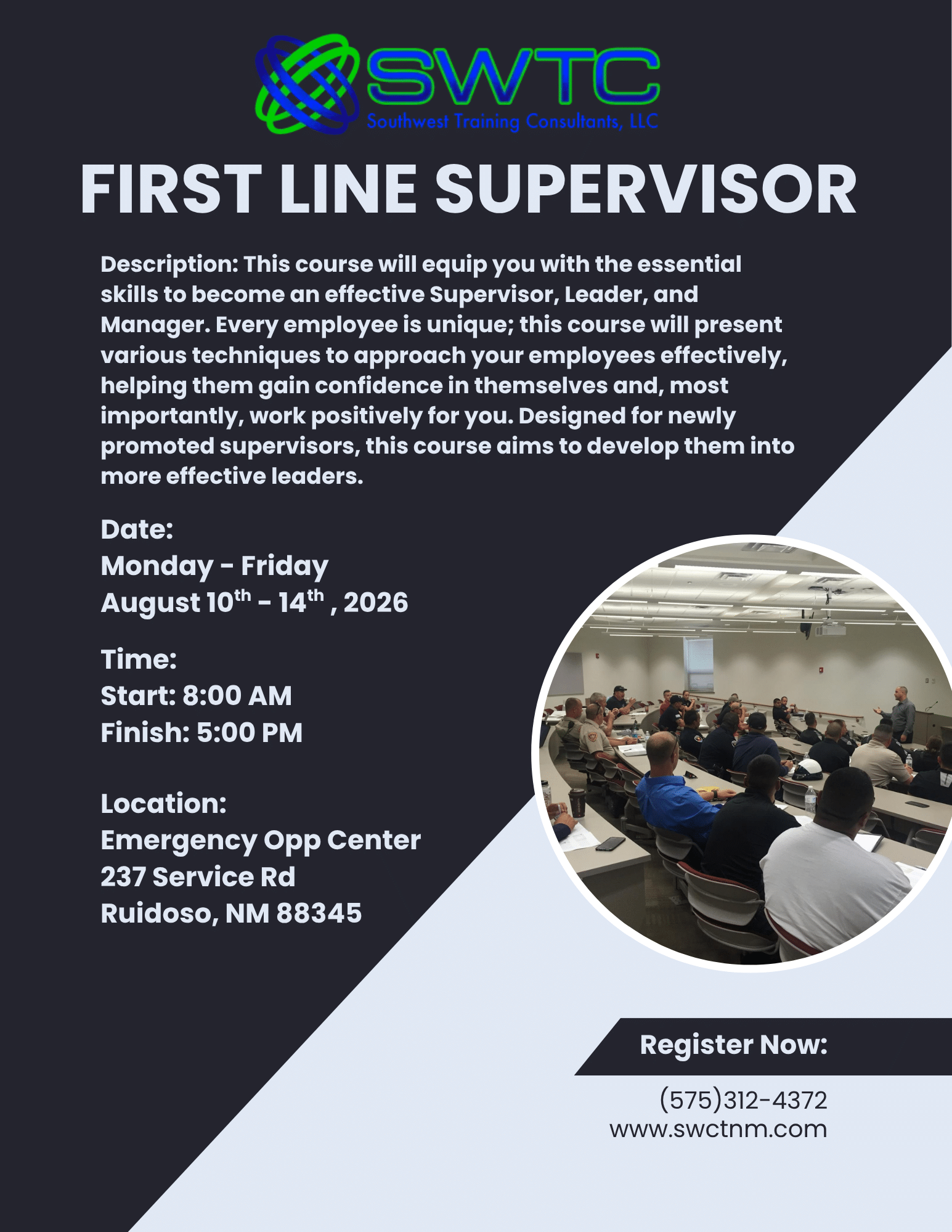 SWTC poster advertising a First Line Supervisor course with location, date, and contact details, featuring a group meeting photo inside a circular frame.