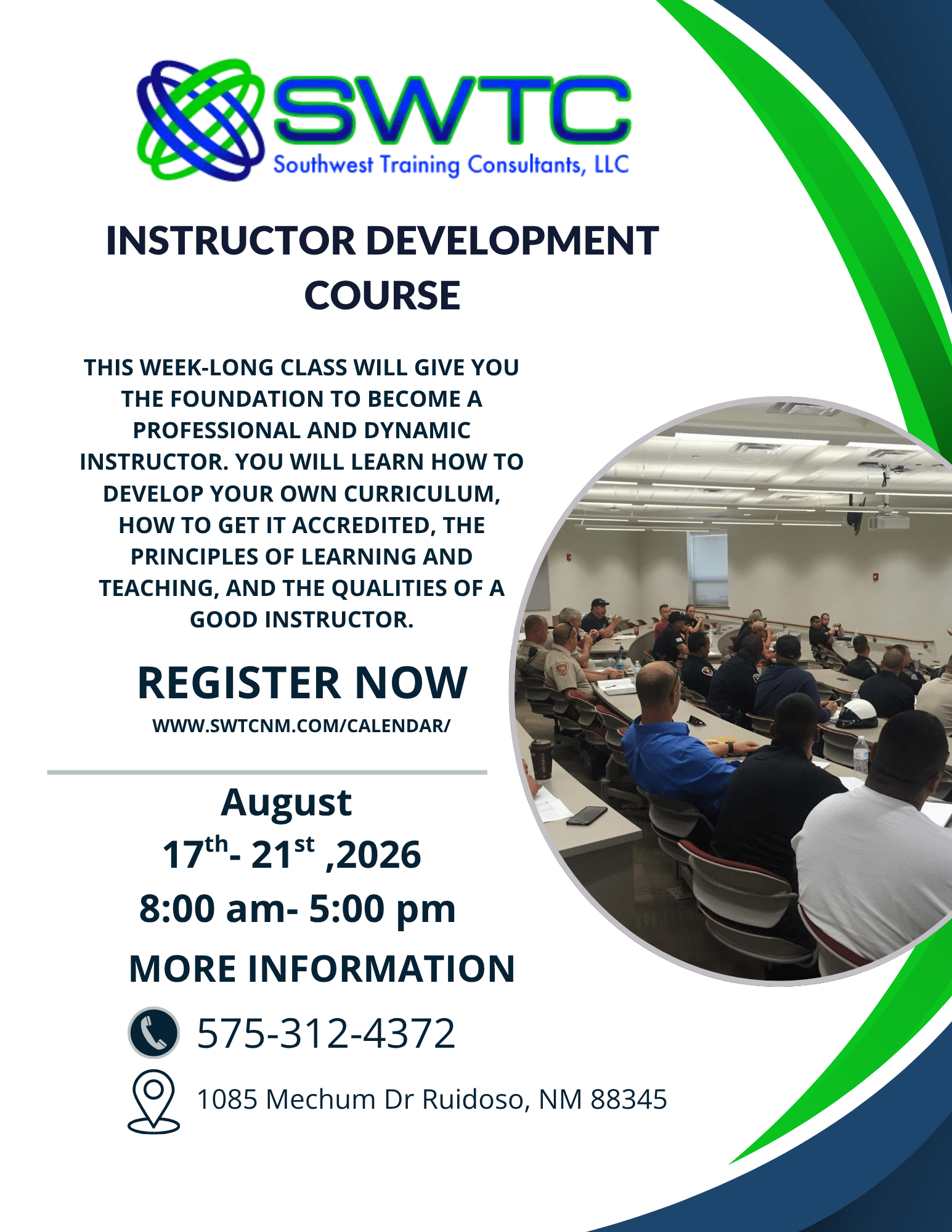 Promotional flyer for SWTC's Instructor Development Course with dates, location, and contact information.