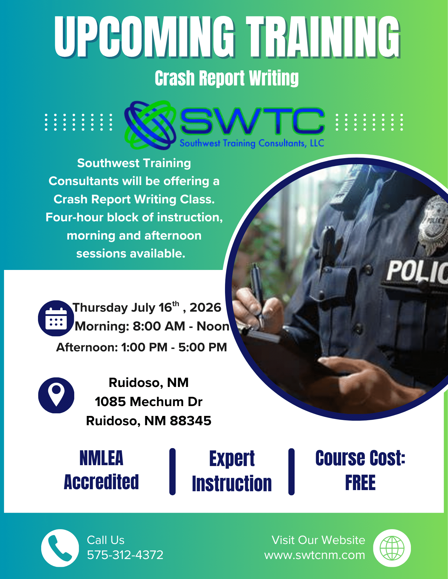 Promotional flyer for SWTC's 'Upcoming Training: Crash Report Writing' with SWTC logo and training details in Ruidoso, New Mexico.