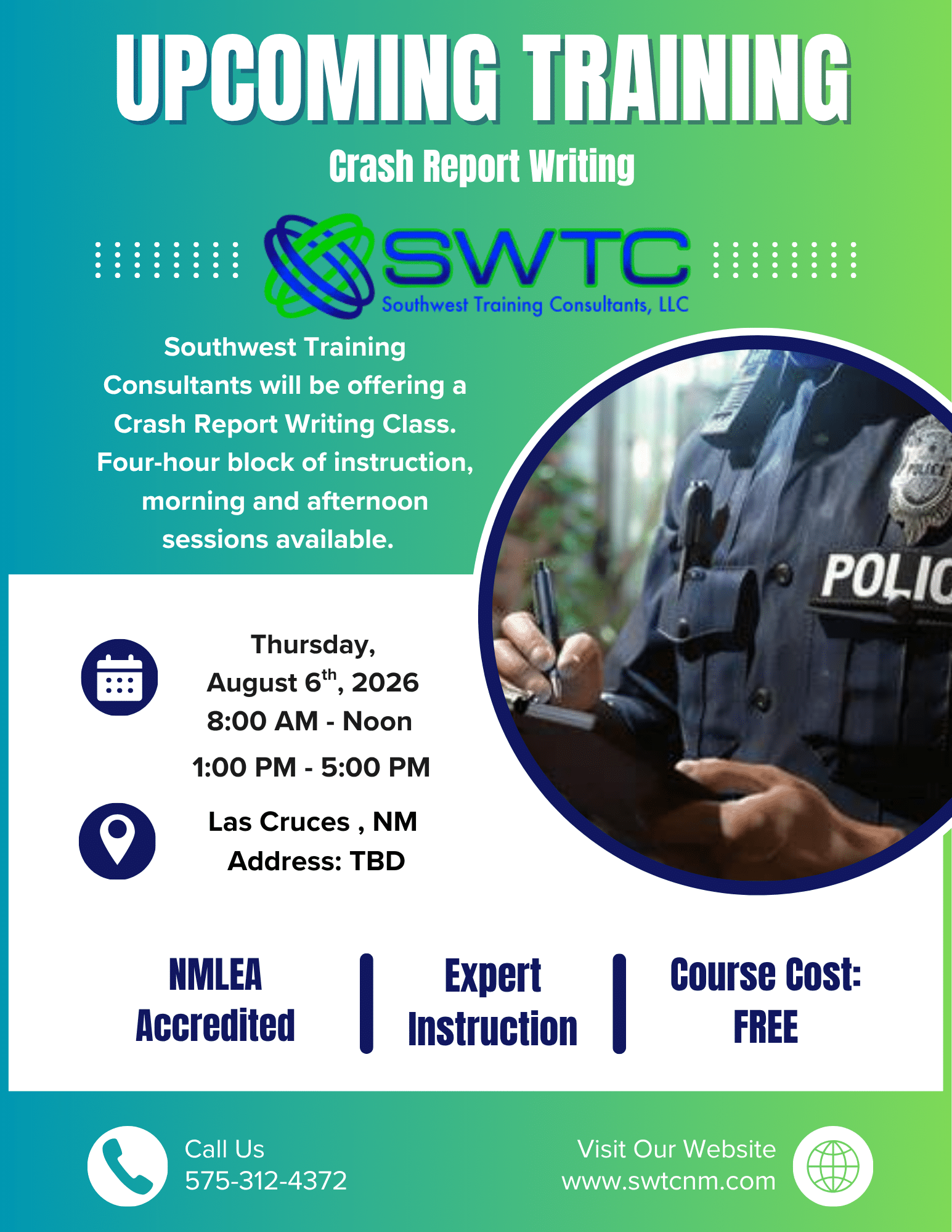 Promotional flyer announcing an upcoming training: Crash Report Writing by SWTC (Southwest Training Consultants).