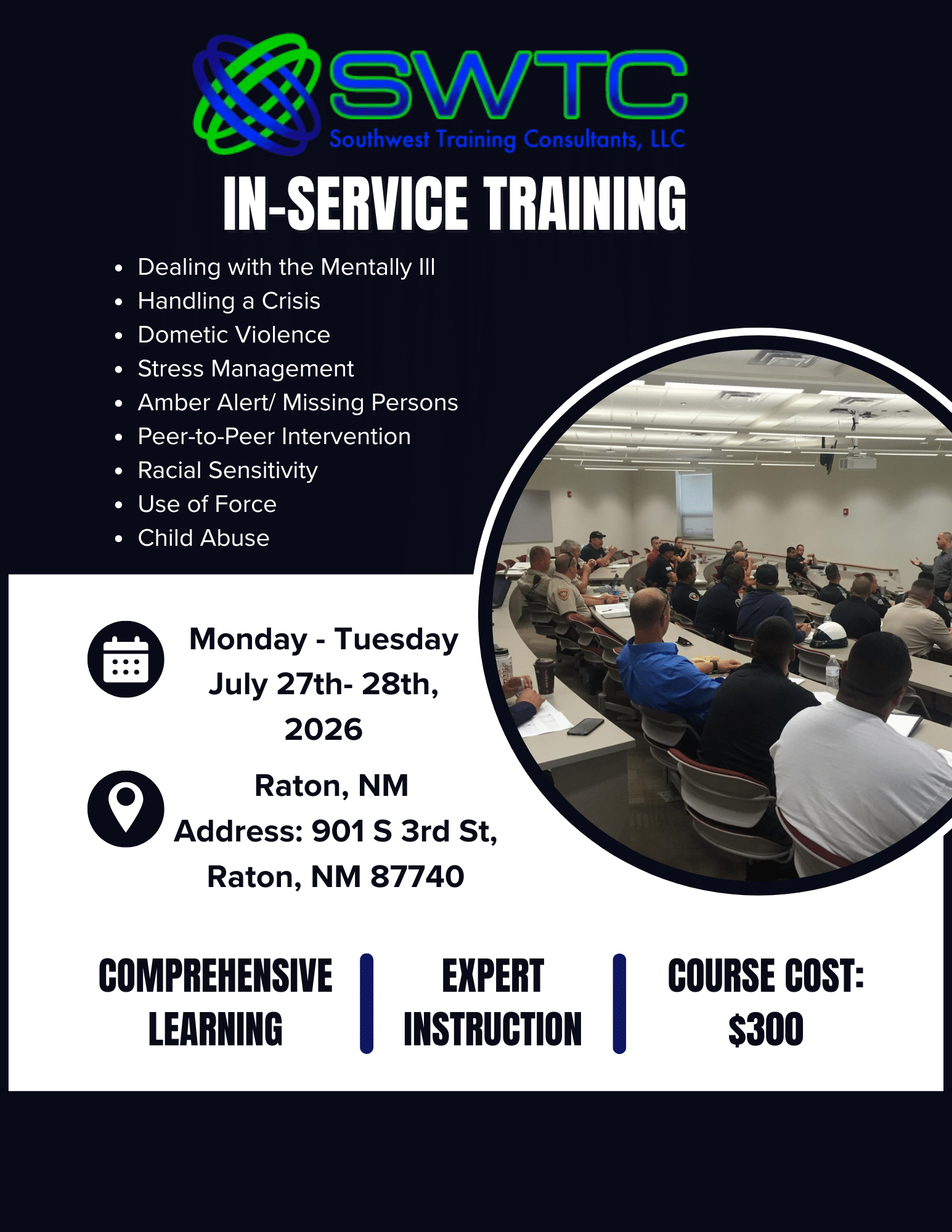 SWTC In-Service Training flyer with logo, bold title, bullet topics, and a circular photo of a training class.