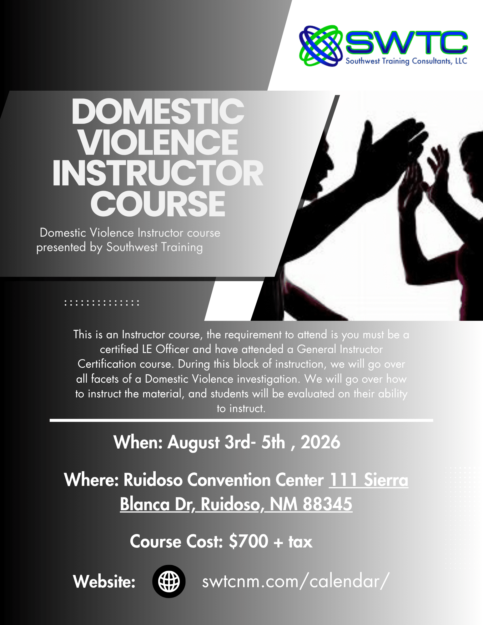Promotional flyer for Domestic Violence Instructor Course by Southwest Training Consultants, with dates, location, and website information.