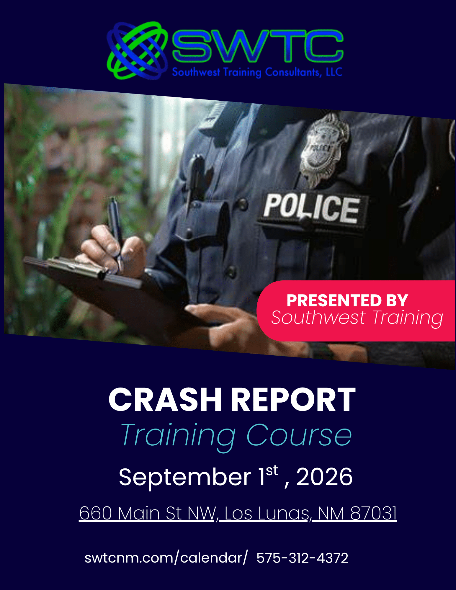 Promotional banner for a Crash Report Training Course by Southwest Training Consultants with a police officer image.