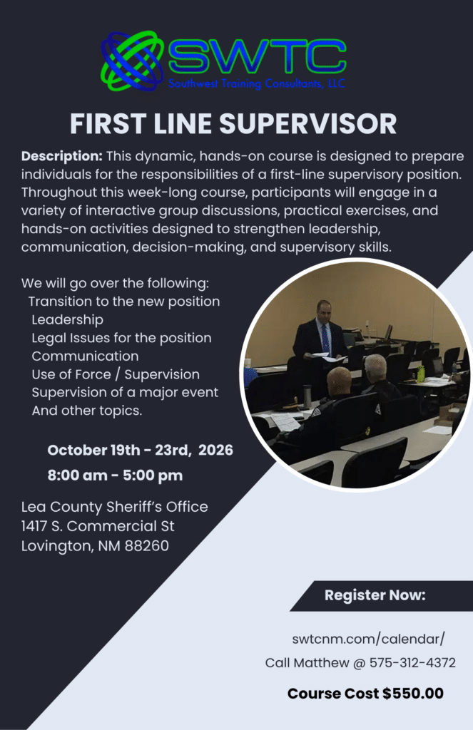 Poster advertising SWTC's First Line Supervisor course with description, schedule (Oct 19–23, 2026, 8:00 am–5:00 pm), location in Lovington NM, and a circular photo of a presenter in a classroom.